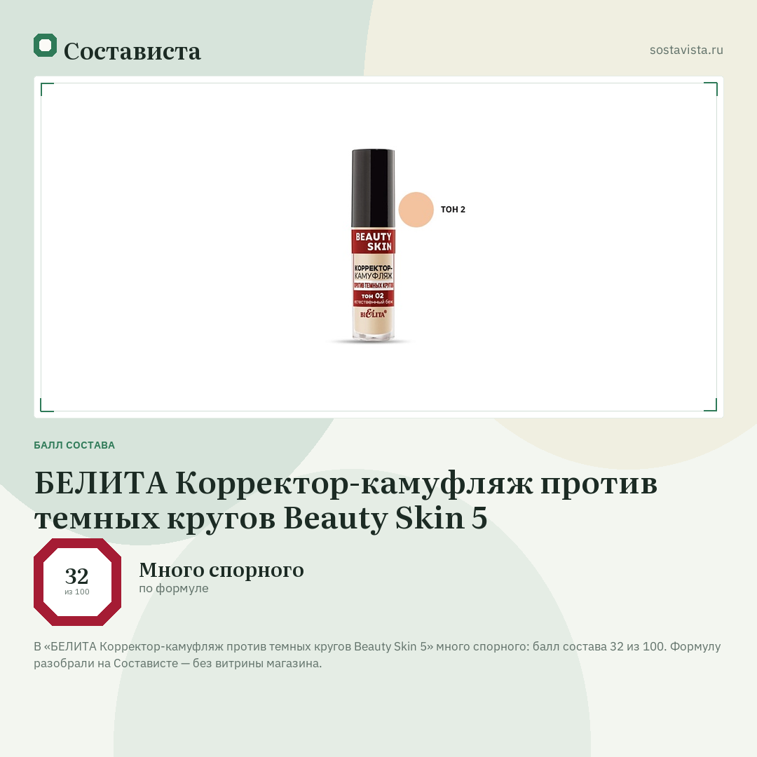 БЕЛИТА Корректор-камуфляж против темных кругов Beauty Skin 5: балл состава 32 из 100 — Состависта