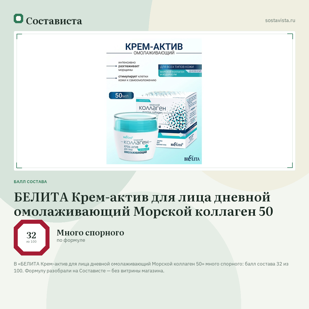 БЕЛИТА Крем-актив для лица дневной омолаживающий Морской коллаген 50: балл состава 32 из 100 — Состависта