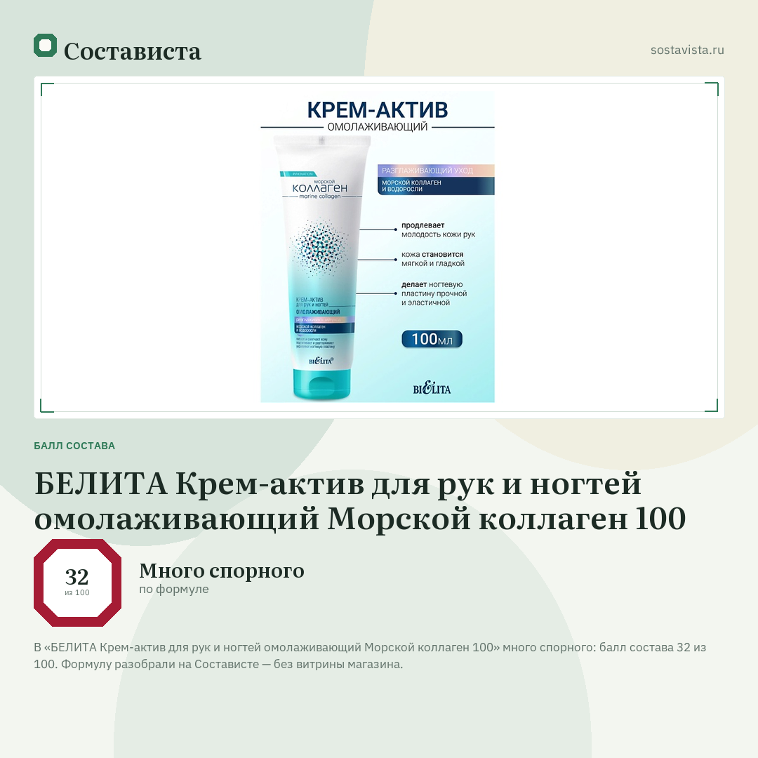 БЕЛИТА Крем-актив для рук и ногтей омолаживающий Морской коллаген 100: балл состава 32 из 100 — Состависта