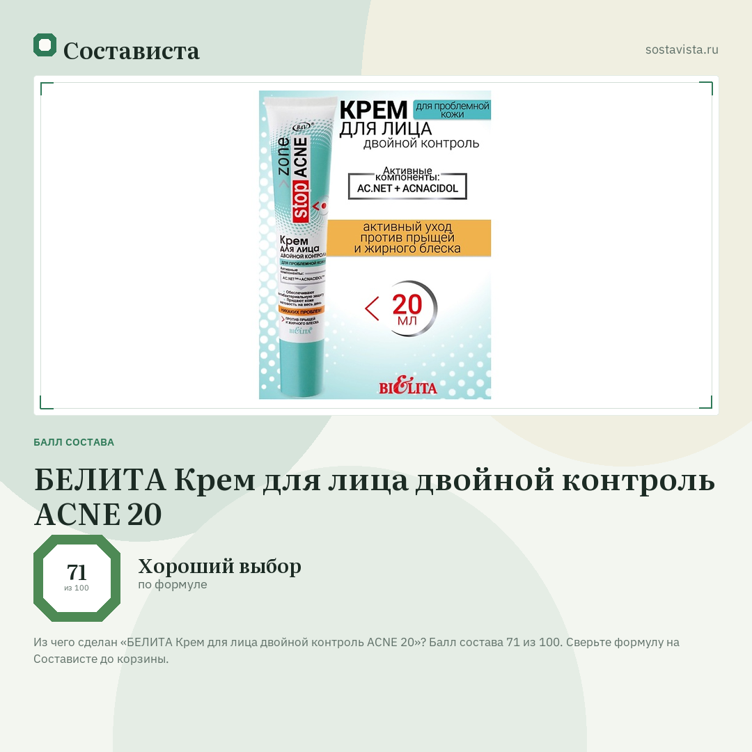 БЕЛИТА Крем для лица двойной контроль ACNE 20: балл состава 71 из 100 — Состависта