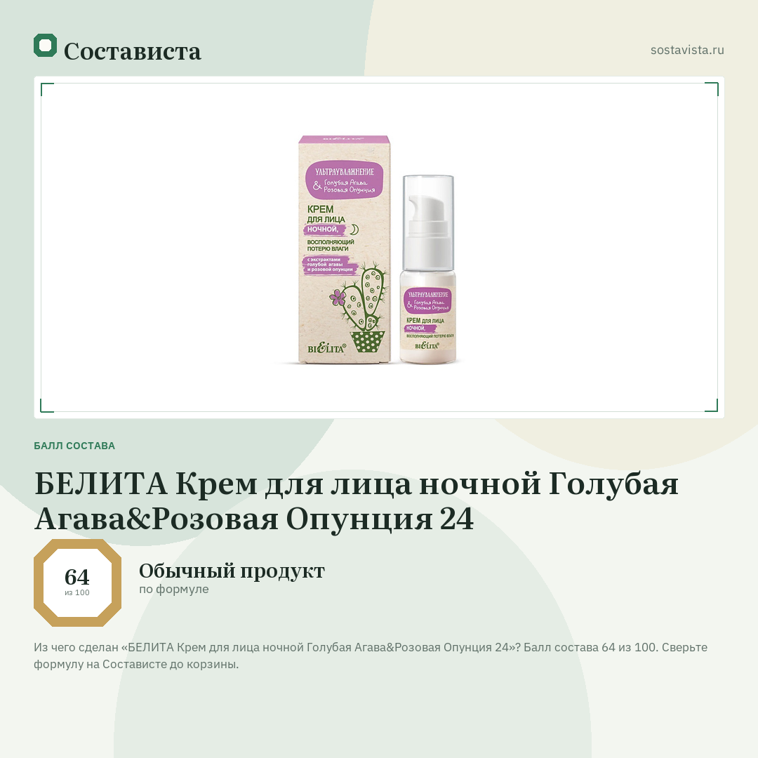 БЕЛИТА Крем для лица ночной Голубая Агава&Розовая Опунция 24: балл состава 64 из 100 — Состависта