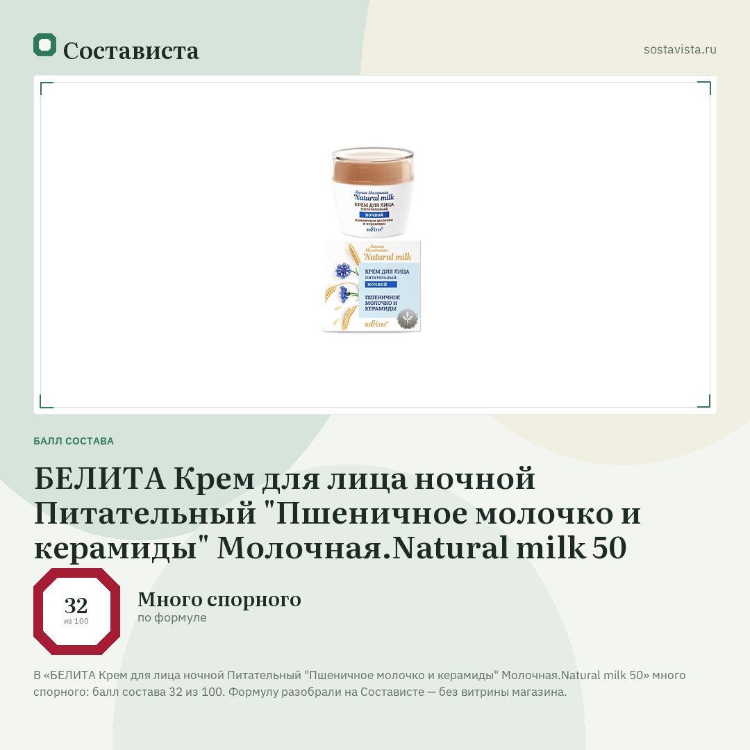 БЕЛИТА Крем для лица ночной Питательный "Пшеничное молочко и керамиды" Молочная.Natural milk 50: балл состава 32 из 100 — Состависта