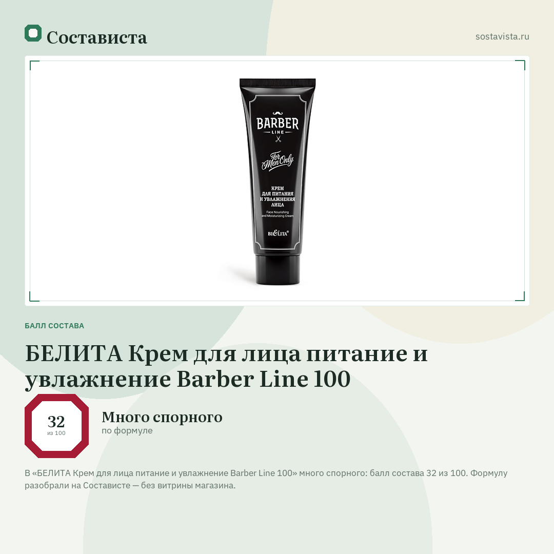 БЕЛИТА Крем для лица питание и увлажнение Barber Line 100: балл состава 32 из 100 — Состависта