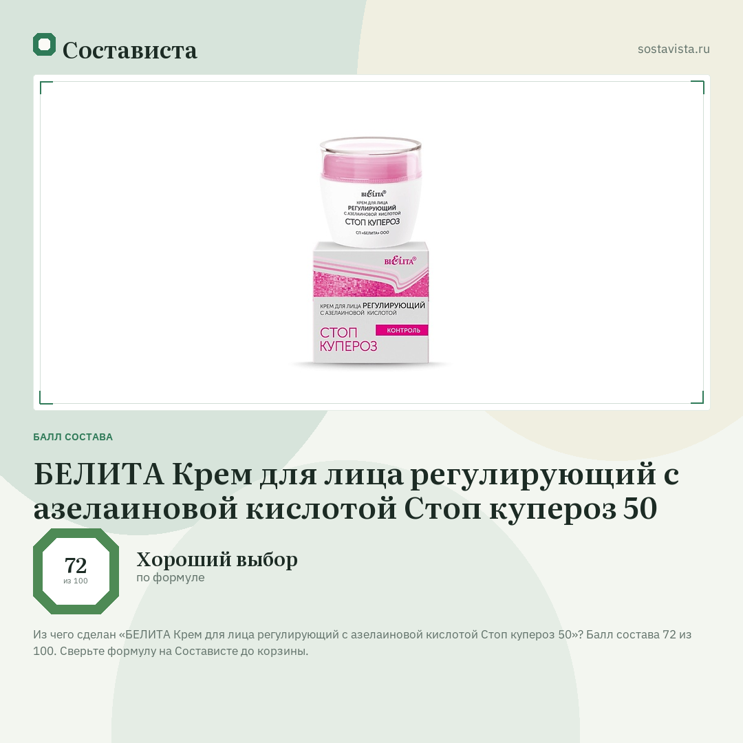 БЕЛИТА Крем для лица регулирующий с азелаиновой кислотой Стоп купероз 50: балл состава 72 из 100 — Состависта