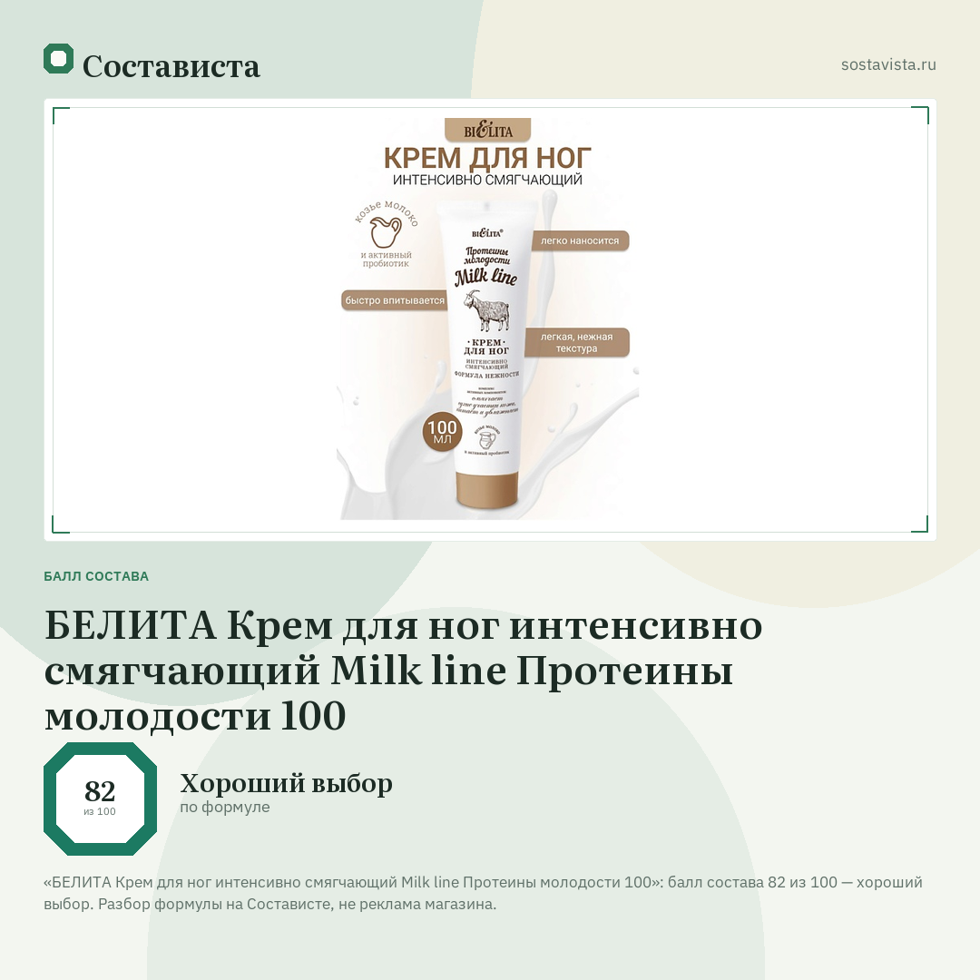 БЕЛИТА Крем для ног интенсивно смягчающий Milk line Протеины молодости 100: балл состава 82 из 100 — Состависта