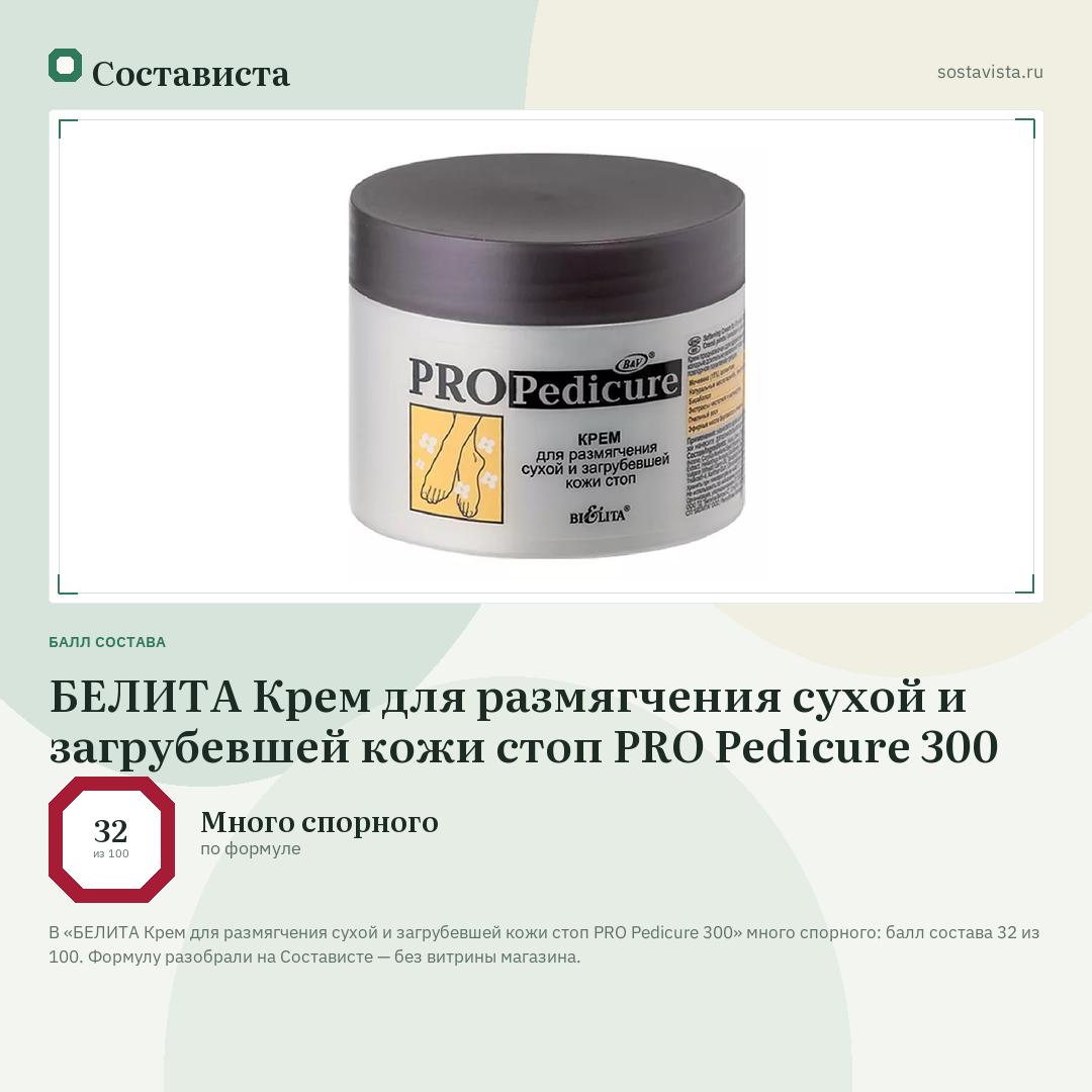 БЕЛИТА Крем для размягчения сухой и загрубевшей кожи стоп PRO Pedicure 300: балл состава 32 из 100 — Состависта