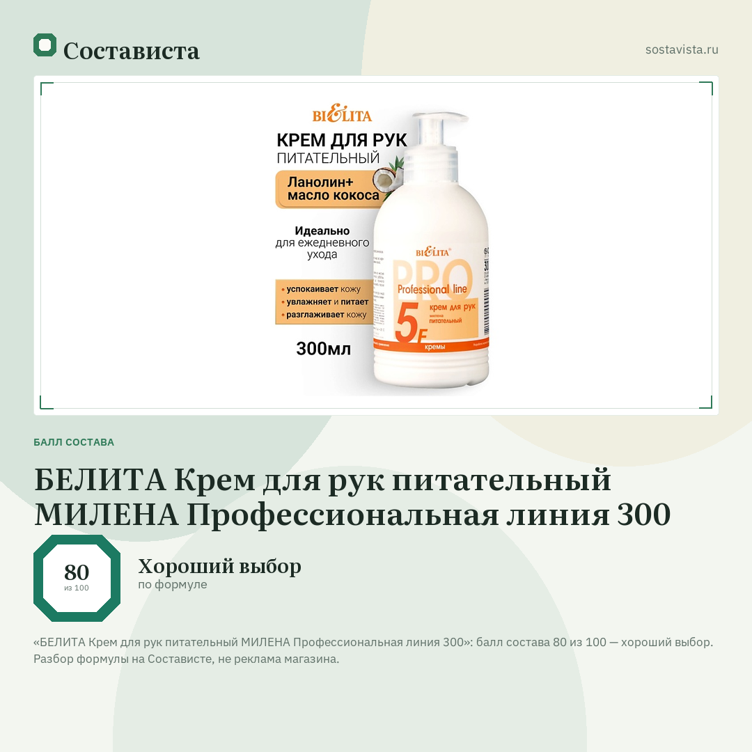 БЕЛИТА Крем для рук питательный МИЛЕНА Профессиональная линия 300: балл состава 80 из 100 — Состависта