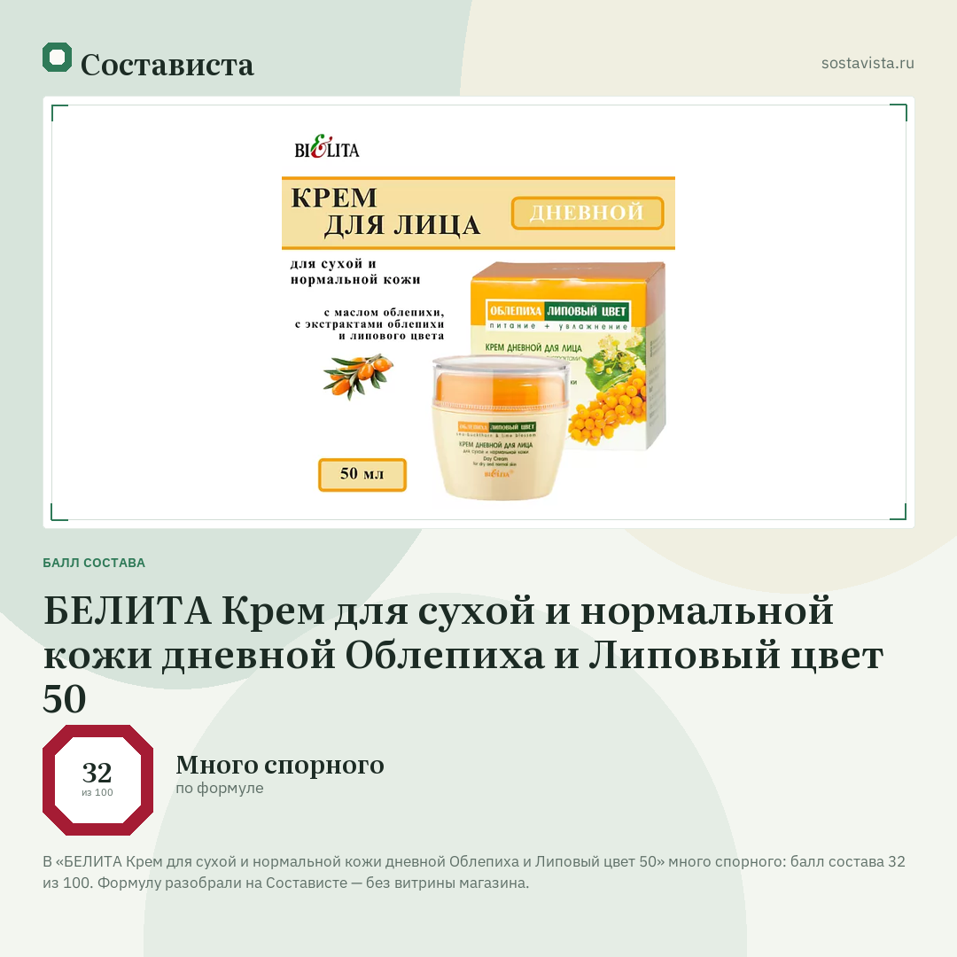 БЕЛИТА Крем для сухой и нормальной кожи дневной Облепиха и Липовый цвет 50: балл состава 32 из 100 — Состависта
