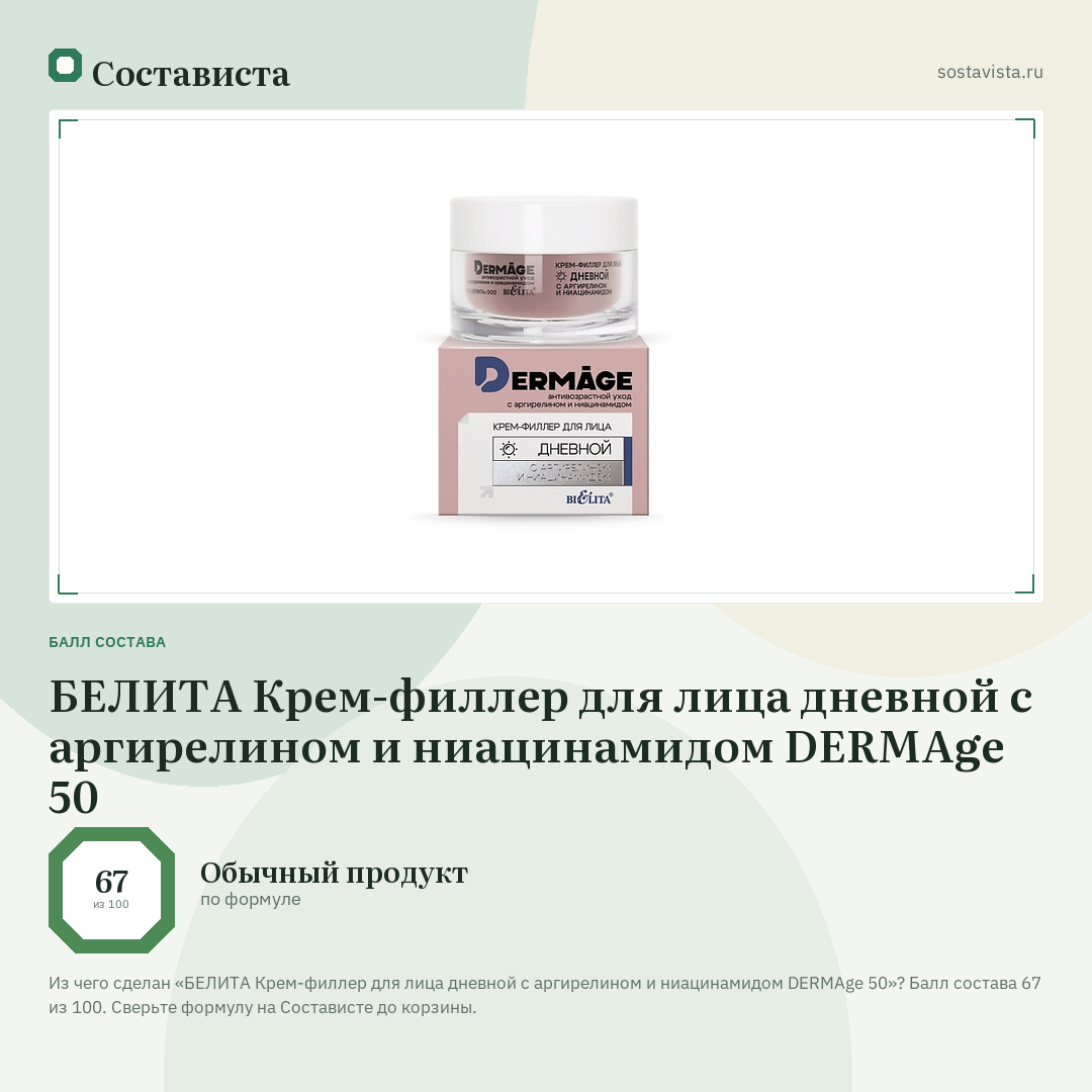 БЕЛИТА Крем-филлер для лица дневной с аргирелином и ниацинамидом DERMAge 50: балл состава 67 из 100 — Состависта