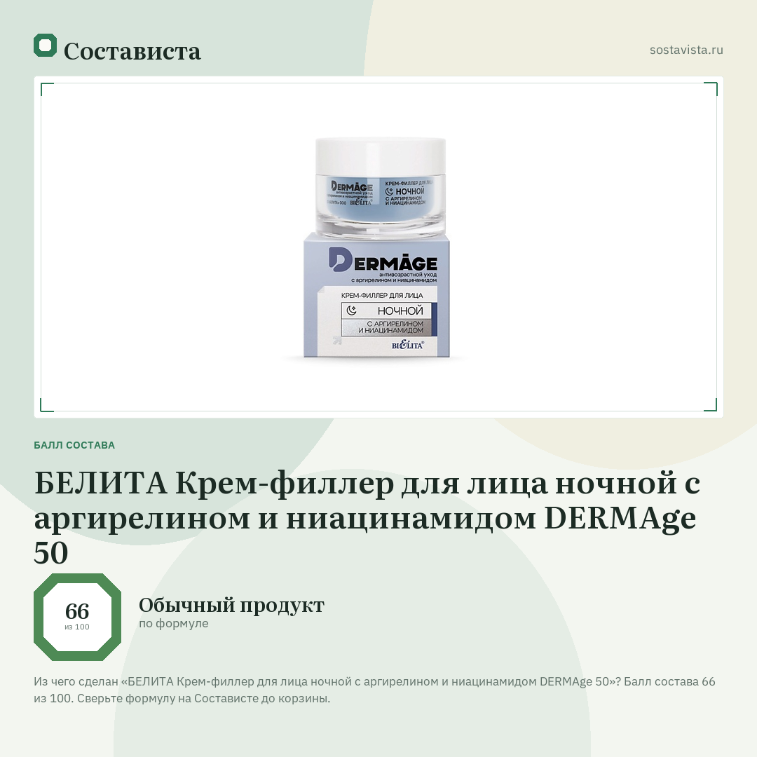 БЕЛИТА Крем-филлер для лица ночной с аргирелином и ниацинамидом DERMAge 50: балл состава 66 из 100 — Состависта