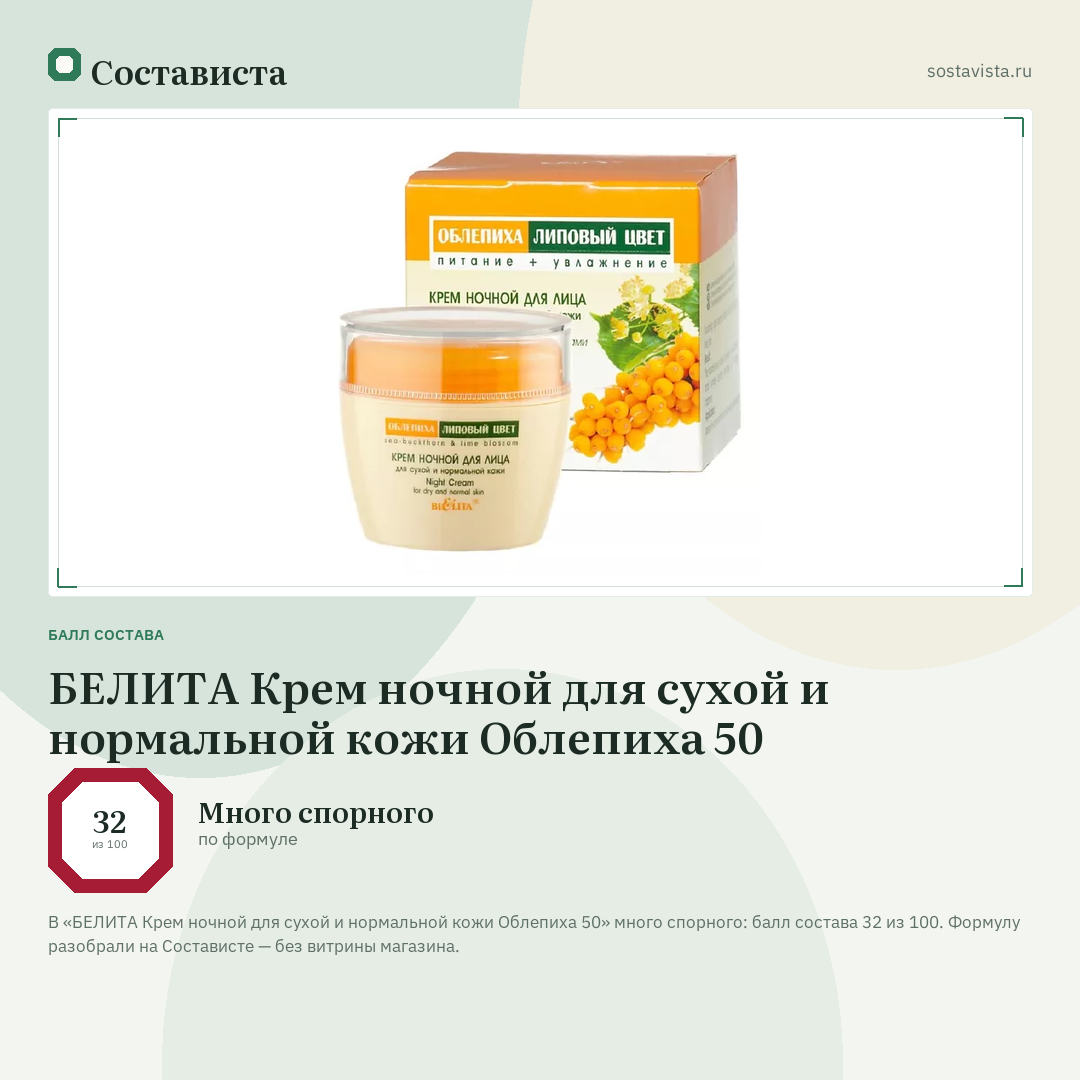 БЕЛИТА Крем ночной для сухой и нормальной кожи Облепиха 50: балл состава 32 из 100 — Состависта