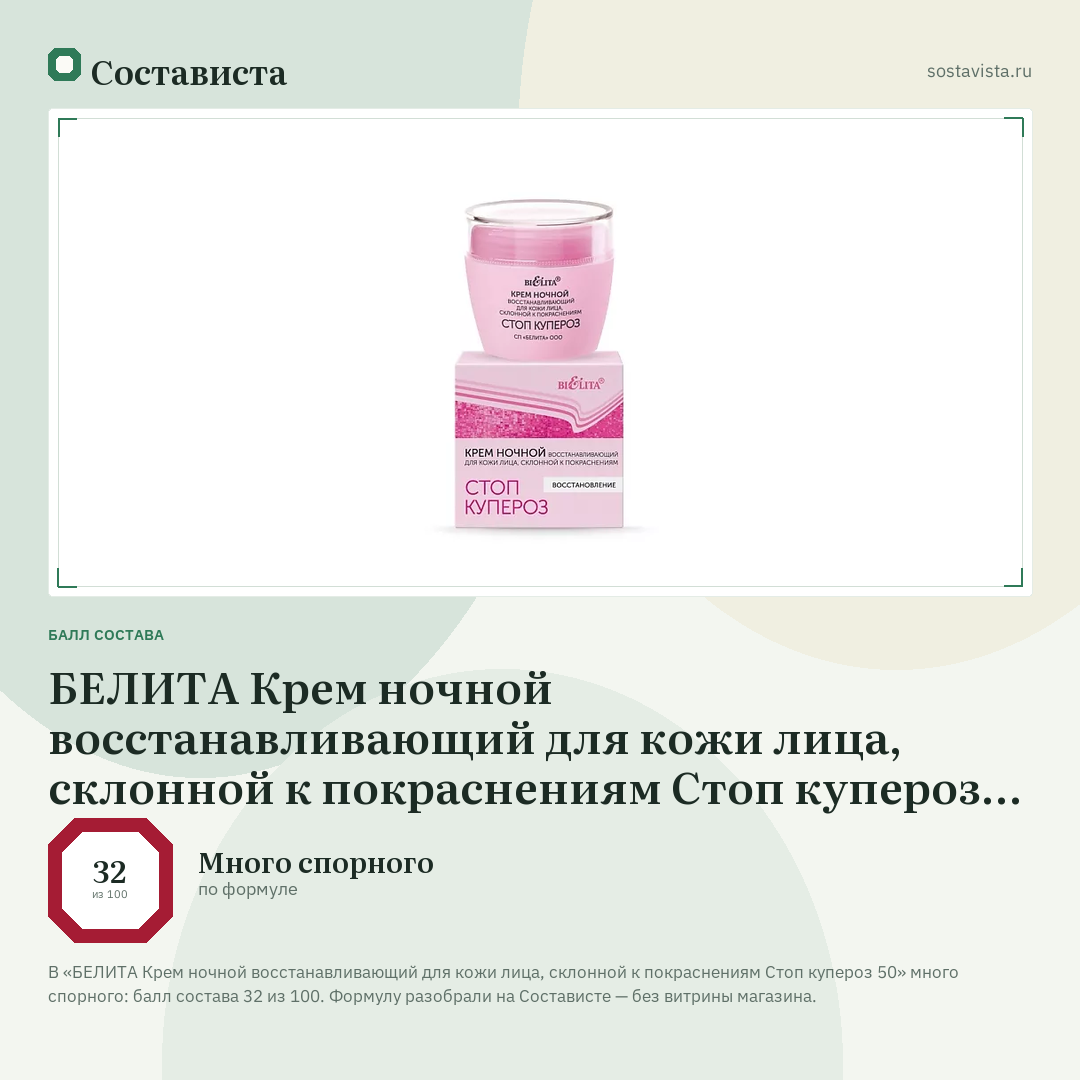 БЕЛИТА Крем ночной восстанавливающий для кожи лица, склонной к покраснениям Стоп купероз 50: балл состава 32 из 100 — Состависта