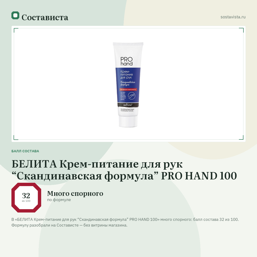 БЕЛИТА Крем-питание для рук “Скандинавская формула” PRO HAND 100: балл состава 32 из 100 — Состависта