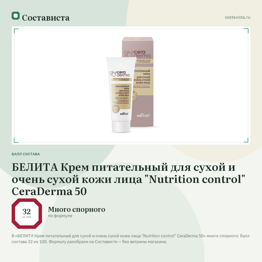 БЕЛИТА Крем питательный для сухой и очень сухой кожи лица "Nutrition control" CeraDermа 50: балл состава 32 из 100 — Состависта