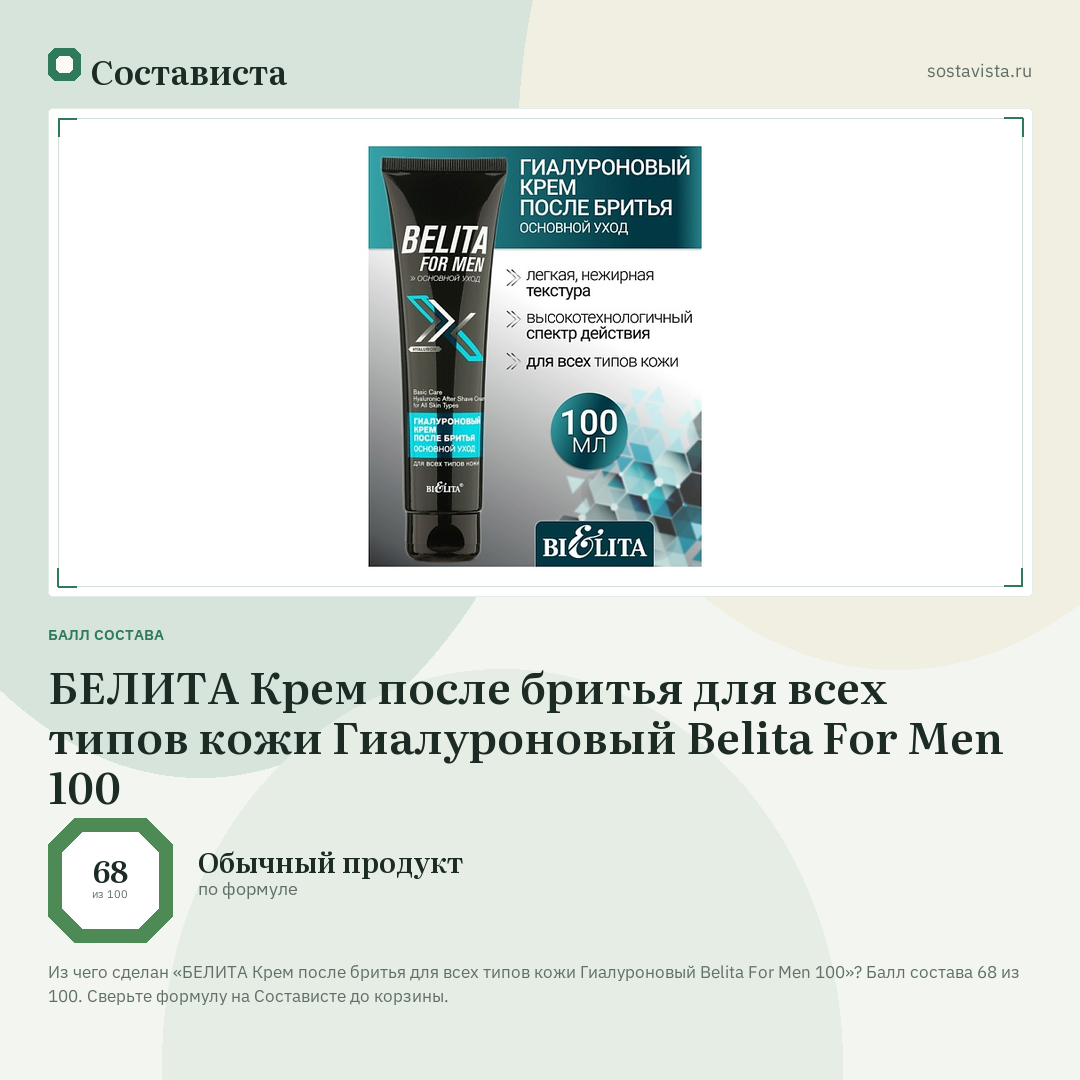 БЕЛИТА Крем после бритья для всех типов кожи Гиалуроновый Belita For Men 100: балл состава 68 из 100 — Состависта