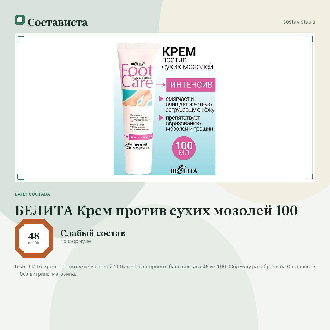 БЕЛИТА Крем против сухих мозолей 100: балл состава 48 из 100 — Состависта
