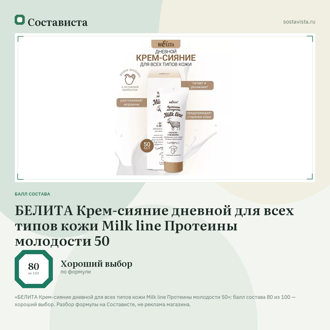 БЕЛИТА Крем-сияние дневной для всех типов кожи Milk line Протеины молодости 50: балл состава 80 из 100 — Состависта