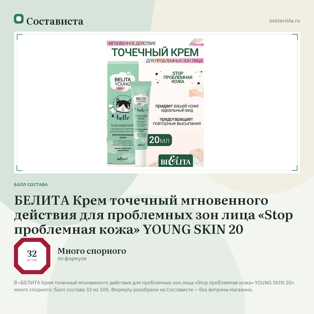 БЕЛИТА Крем точечный мгновенного действия для проблемных зон лица «Stop проблемная кожа» YOUNG SKIN 20: балл состава 32 из 100 — Состависта