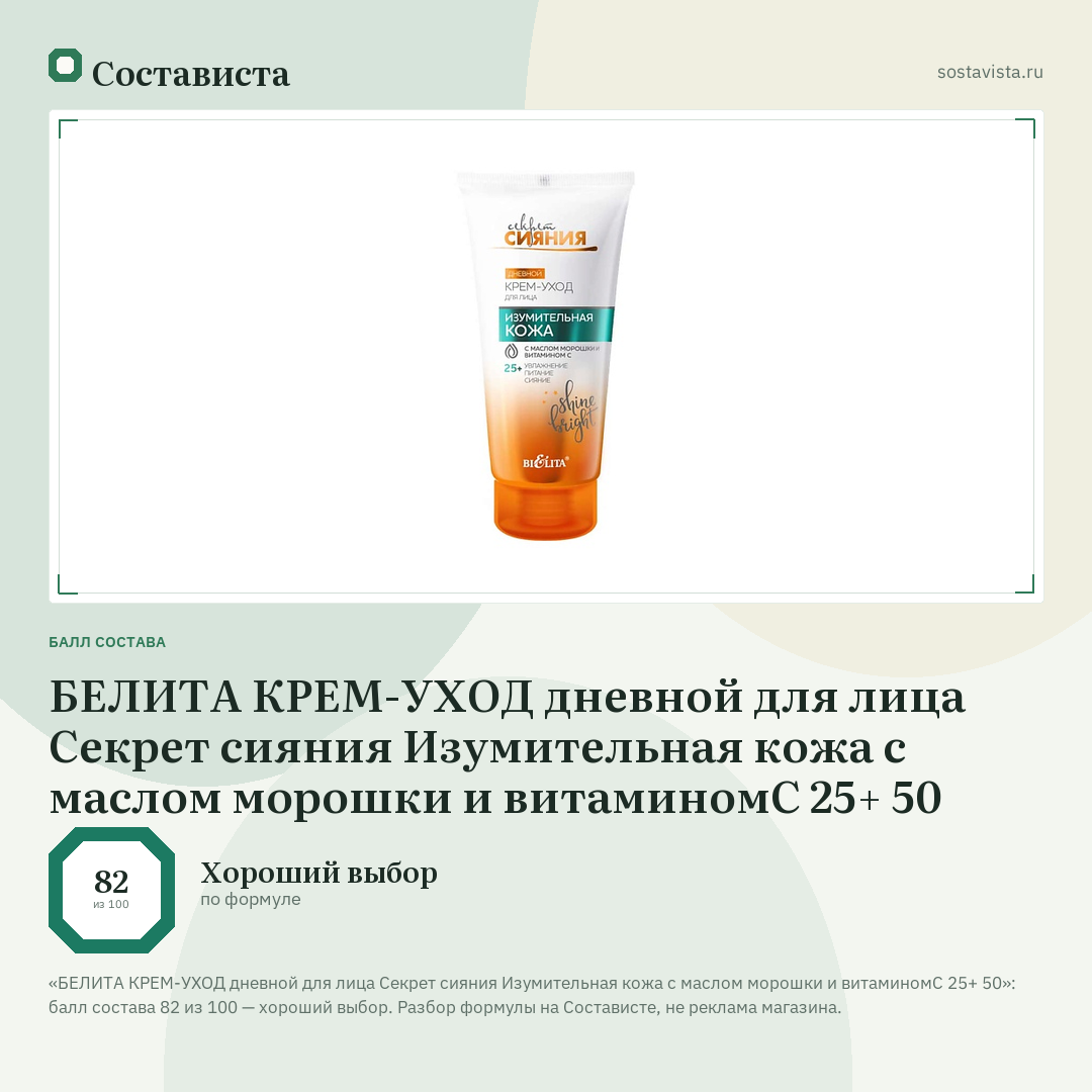 БЕЛИТА КРЕМ-УХОД дневной для лица Секрет сияния Изумительная кожа с маслом морошки и витаминомС 25+ 50: балл состава 82 из 100 — Состависта