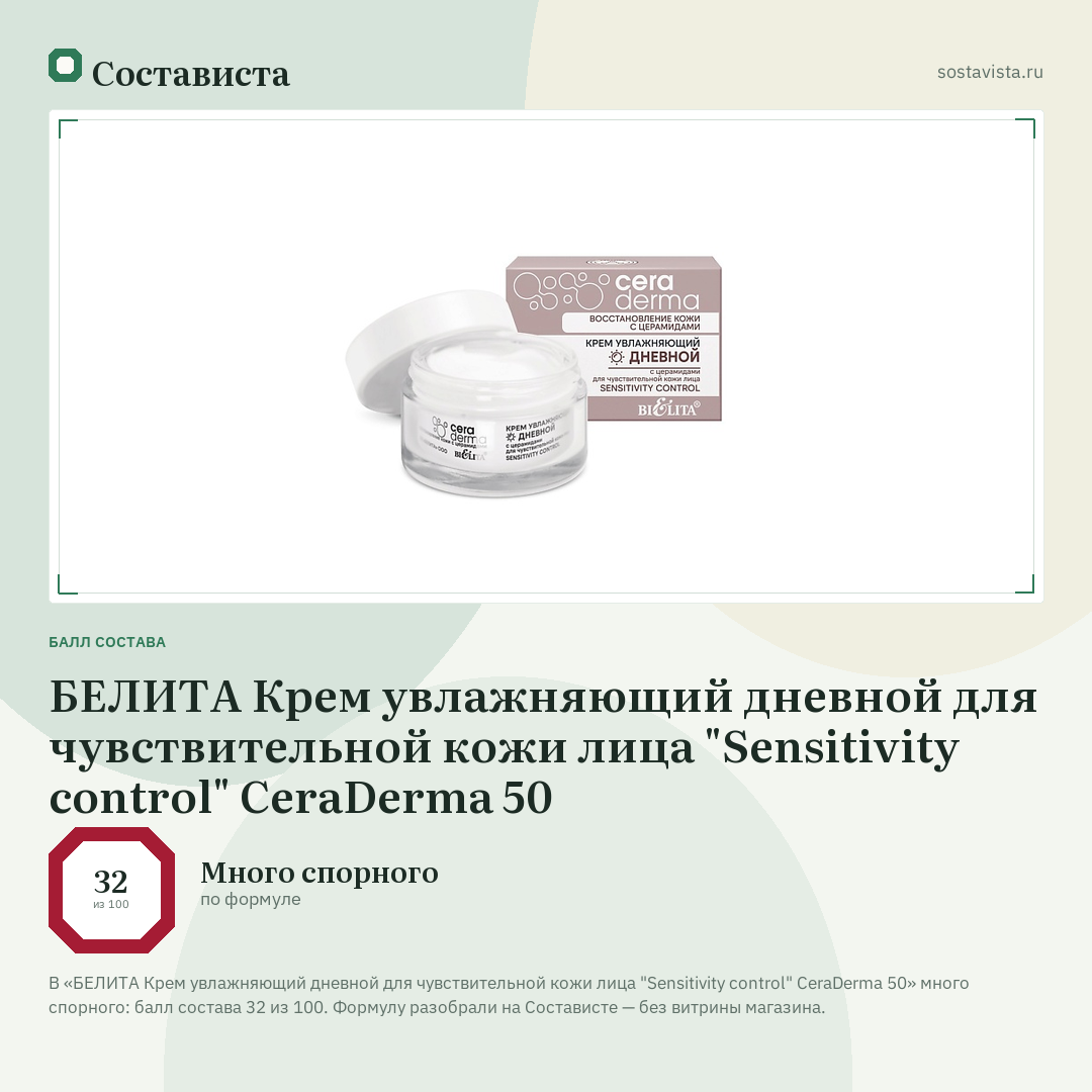 БЕЛИТА Крем увлажняющий дневной для чувствительной кожи лица "Sensitivity control" CeraDermа 50: балл состава 32 из 100 — Состависта