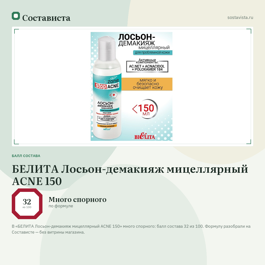 БЕЛИТА Лосьон-демакияж мицеллярный ACNE 150: балл состава 32 из 100 — Состависта