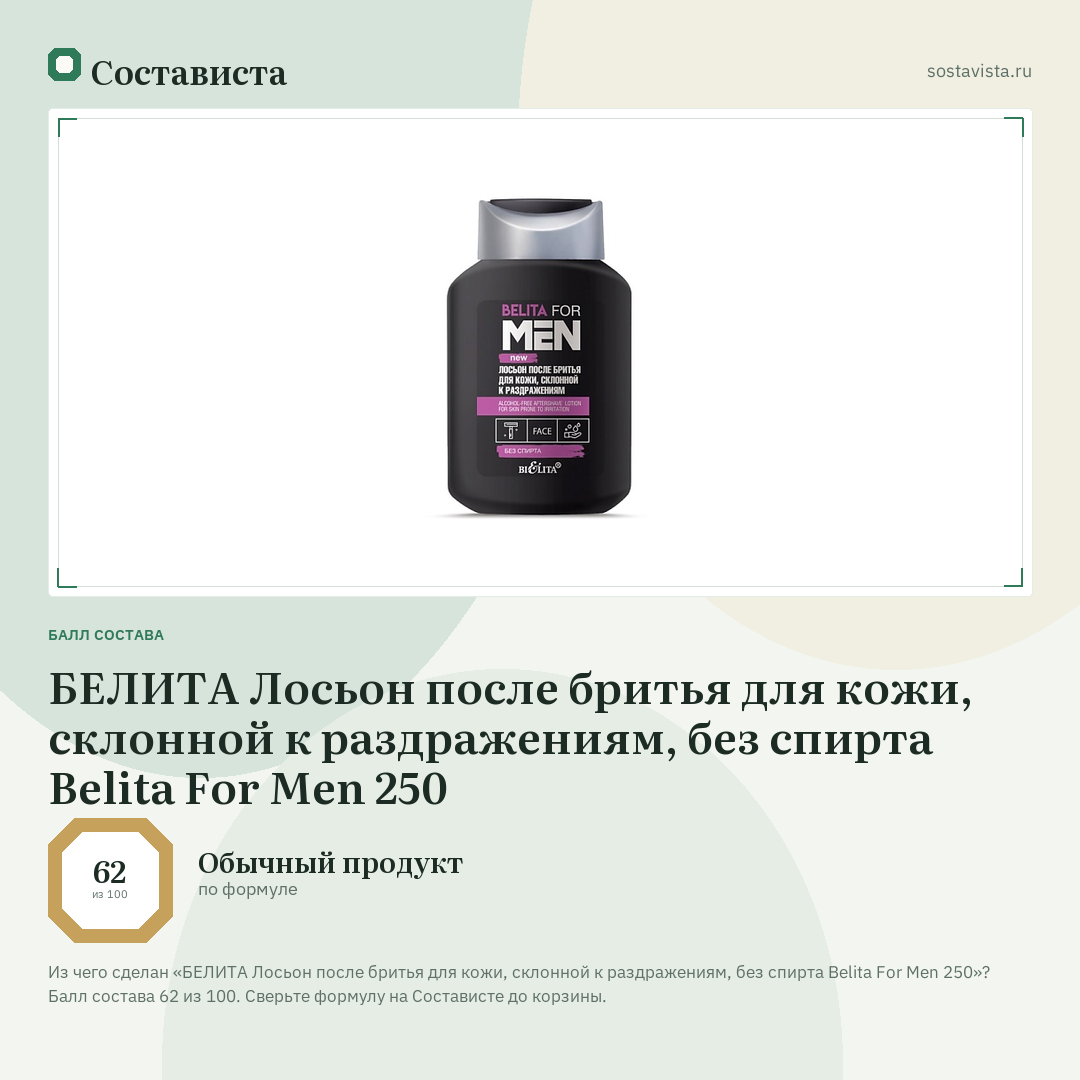 БЕЛИТА Лосьон после бритья для кожи, склонной к раздражениям, без спирта Belita For Men 250: балл состава 62 из 100 — Состависта