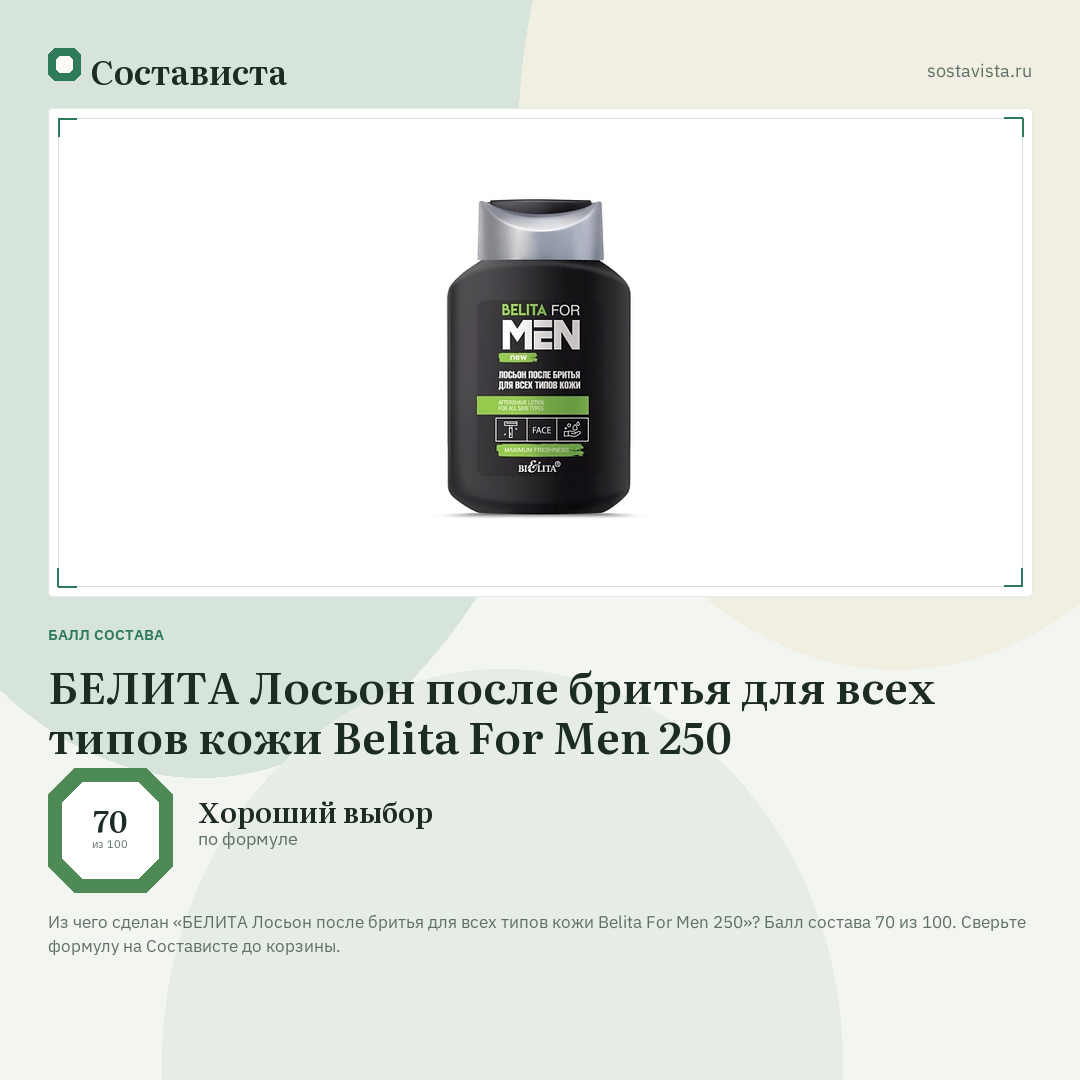 БЕЛИТА Лосьон после бритья для всех типов кожи Belita For Men 250: балл состава 70 из 100 — Состависта