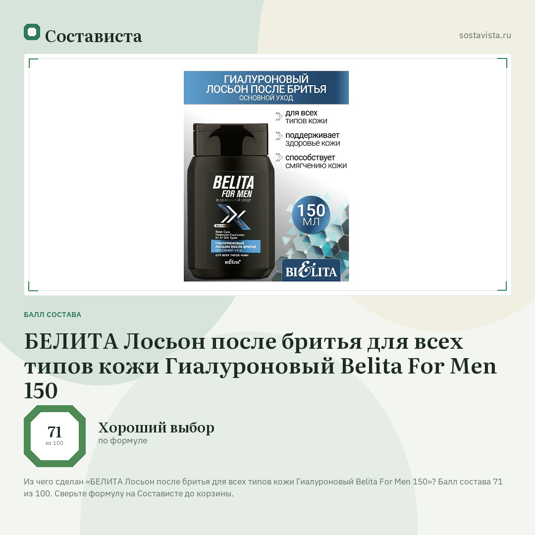БЕЛИТА Лосьон после бритья для всех типов кожи Гиалуроновый Belita For Men 150: балл состава 71 из 100 — Состависта