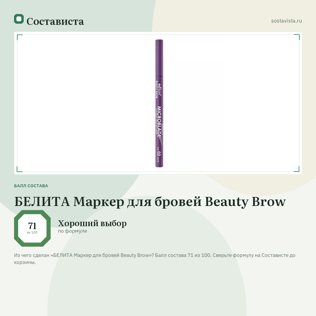 БЕЛИТА Маркер для бровей Beauty Brow: балл состава 71 из 100 — Состависта