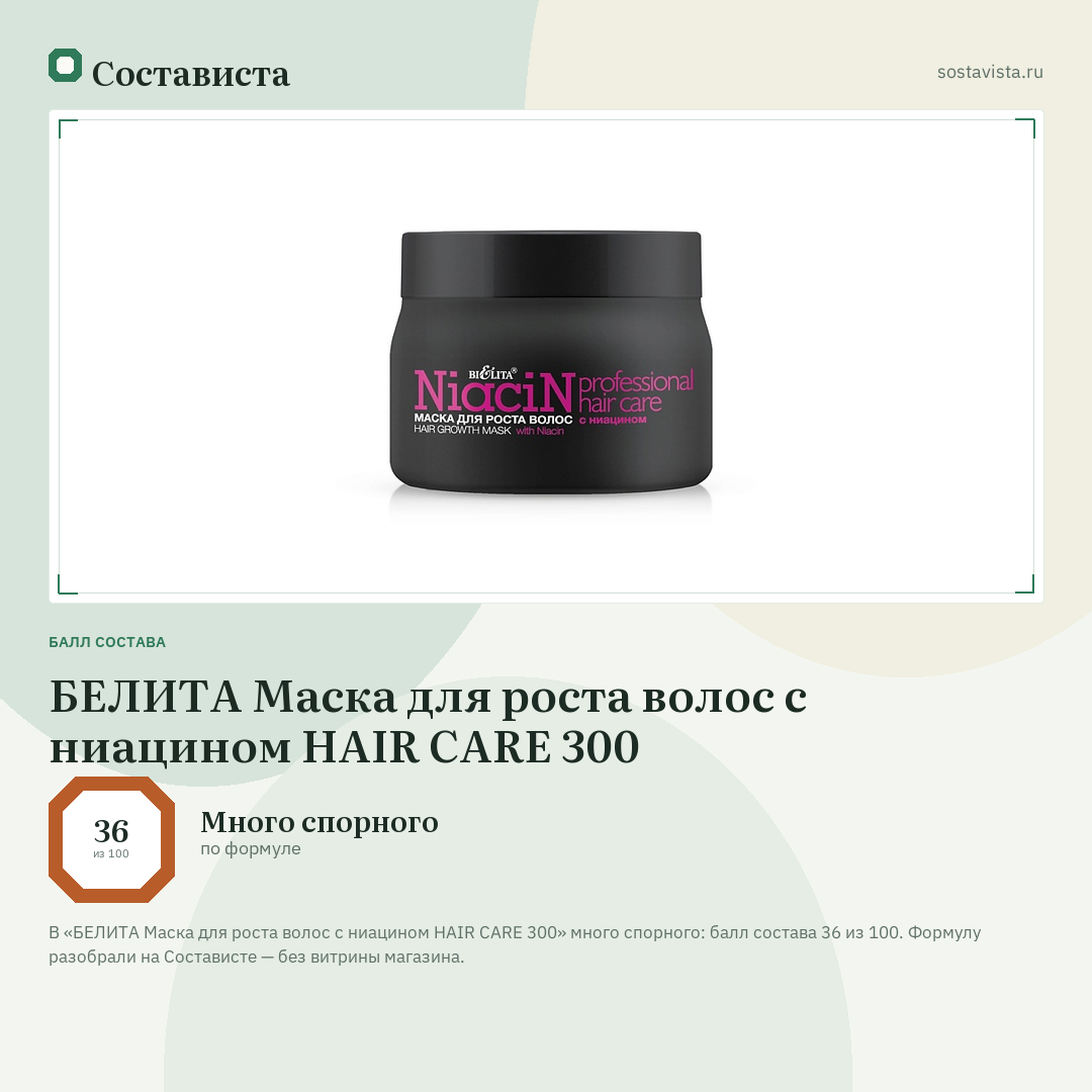 БЕЛИТА Маска для роста волос с ниацином HAIR CARE 300: балл состава 36 из 100 — Состависта