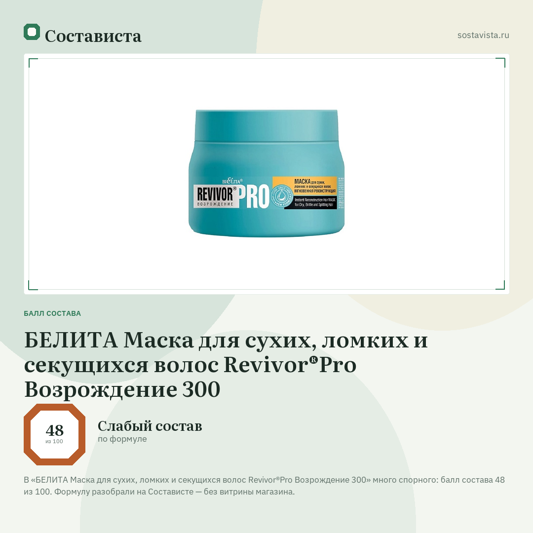 БЕЛИТА Маска для сухих, ломких и секущихся волос Revivor®Pro Возрождение 300: балл состава 48 из 100 — Состависта