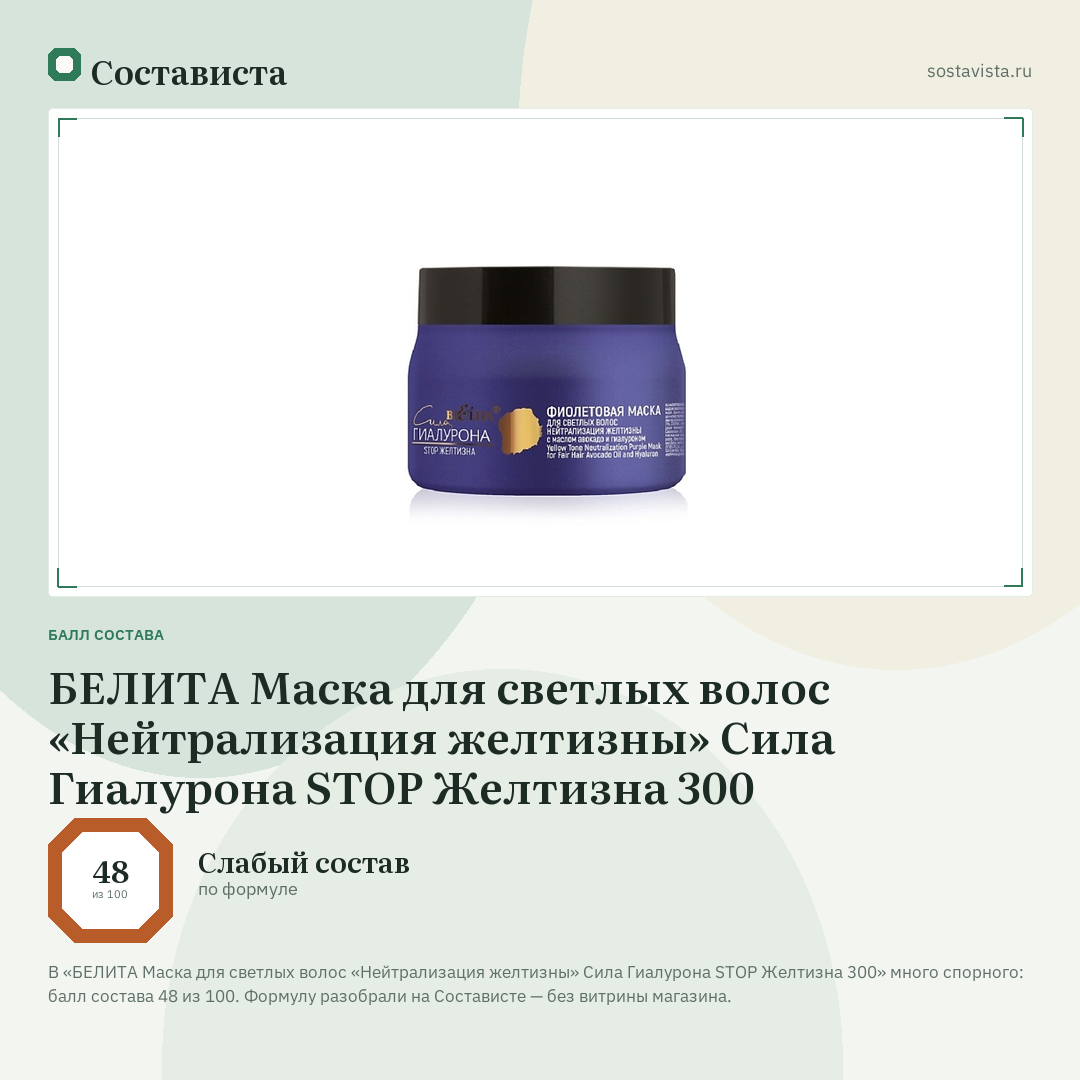 БЕЛИТА Маска для светлых волос «Нейтрализация желтизны» Сила Гиалурона STOP Желтизна 300: балл состава 48 из 100 — Состависта