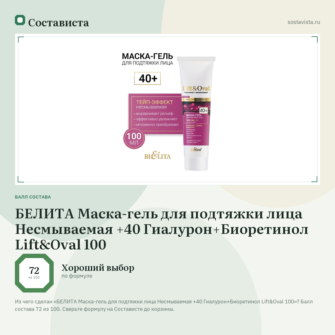 БЕЛИТА Маска-гель для подтяжки лица Несмываемая +40 Гиалурон+Биоретинол Lift&Oval 100: балл состава 72 из 100 — Состависта