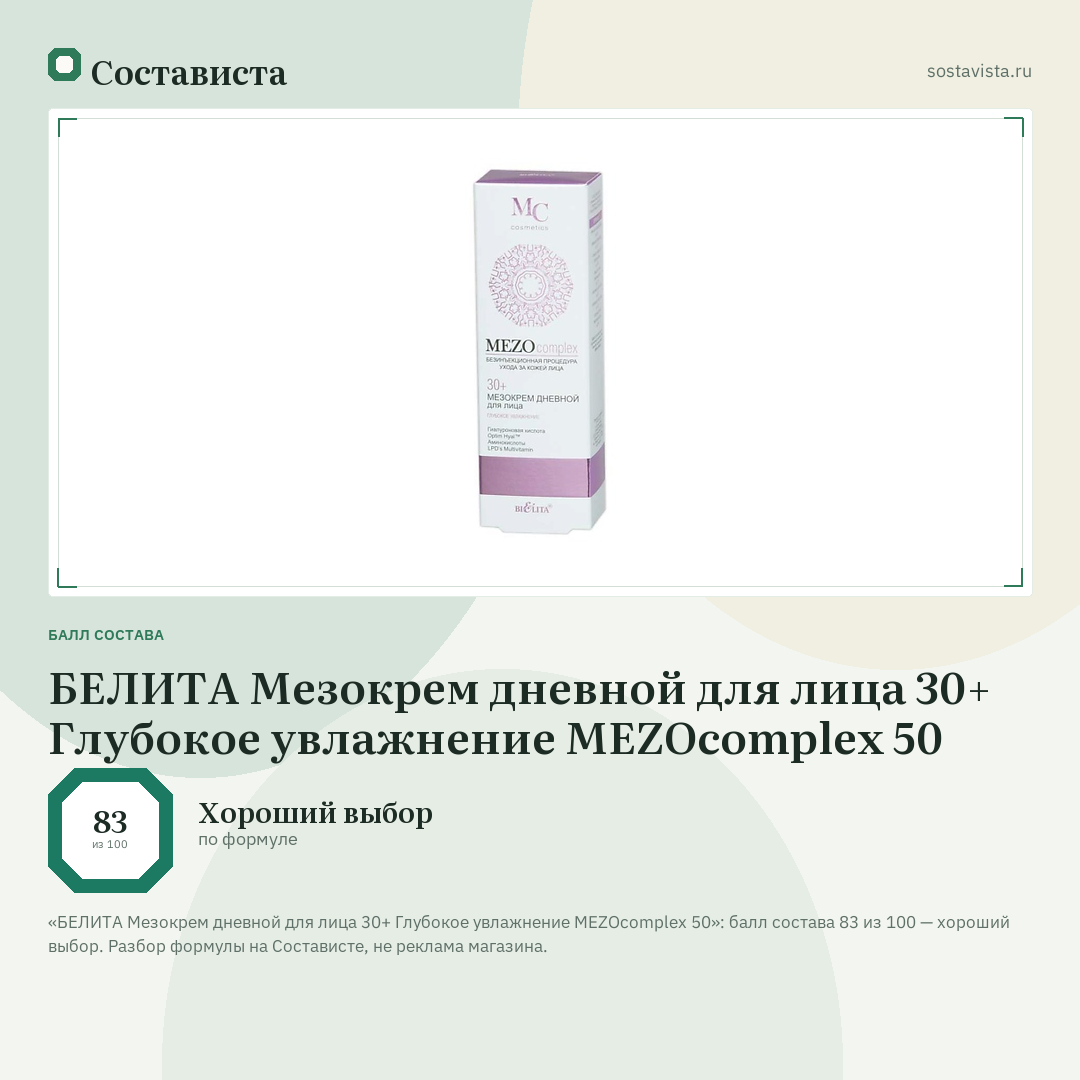 БЕЛИТА Мезокрем дневной для лица 30+ Глубокое увлажнение MEZOcomplex 50: балл состава 83 из 100 — Состависта