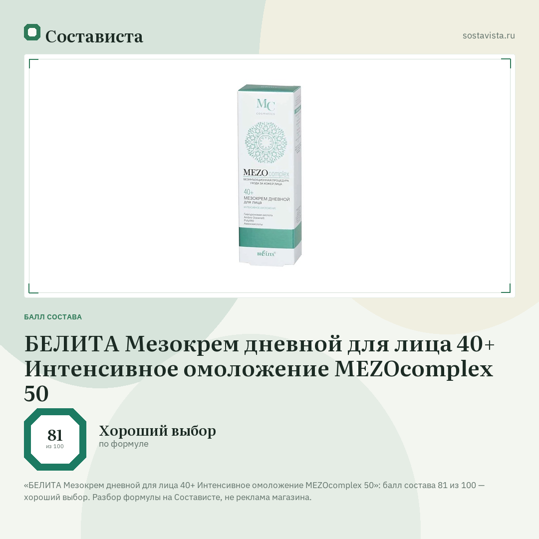 БЕЛИТА Мезокрем дневной для лица 40+ Интенсивное омоложение MEZOcomplex 50: балл состава 81 из 100 — Состависта