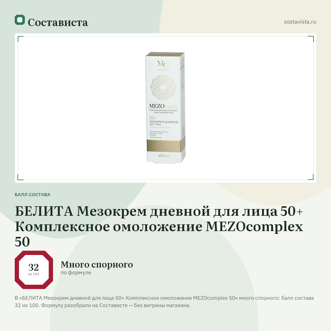 БЕЛИТА Мезокрем дневной для лица 50+ Комплексное омоложение MEZOcomplex 50: балл состава 32 из 100 — Состависта