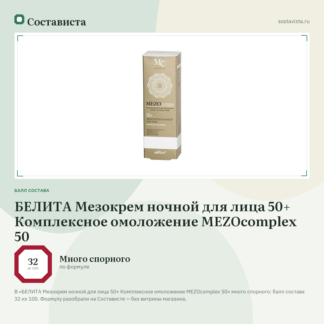 БЕЛИТА Мезокрем ночной для лица 50+ Комплексное омоложение MEZOcomplex 50: балл состава 32 из 100 — Состависта