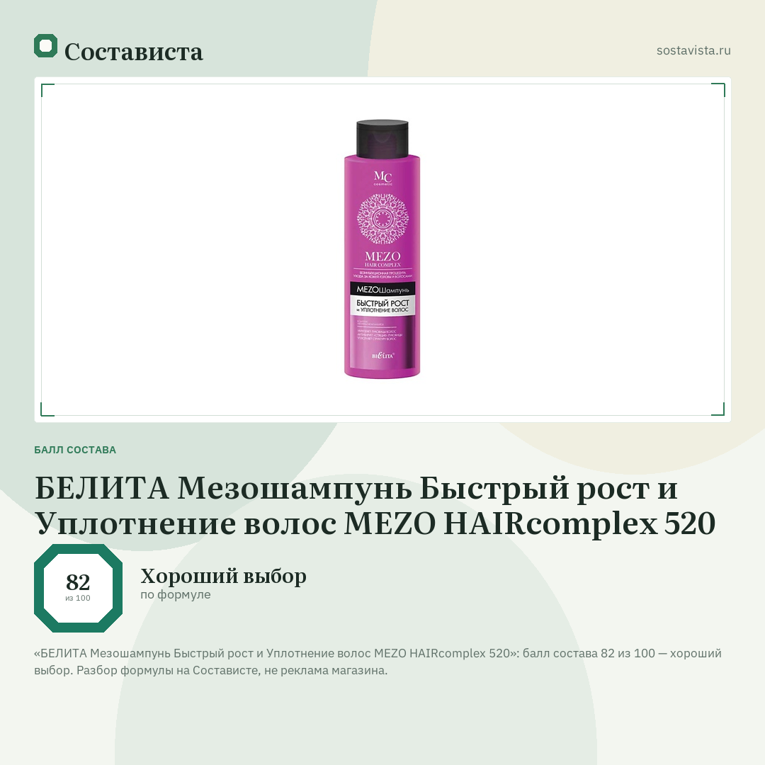 БЕЛИТА Мезошампунь Быстрый рост и Уплотнение волос MEZO HAIRcomplex 520: балл состава 82 из 100 — Состависта