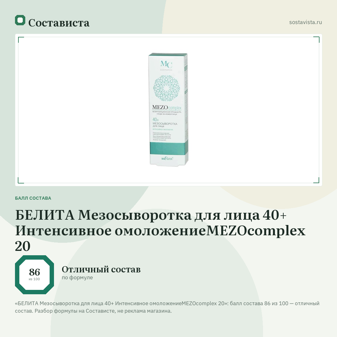 БЕЛИТА Мезосыворотка для лица 40+ Интенсивное омоложениеMEZOcomplex 20: балл состава 86 из 100 — Состависта