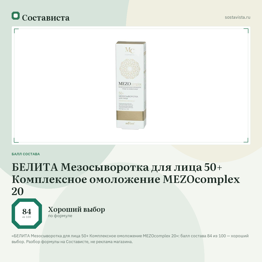 БЕЛИТА Мезосыворотка для лица 50+ Комплексное омоложение MEZOcomplex 20: балл состава 84 из 100 — Состависта