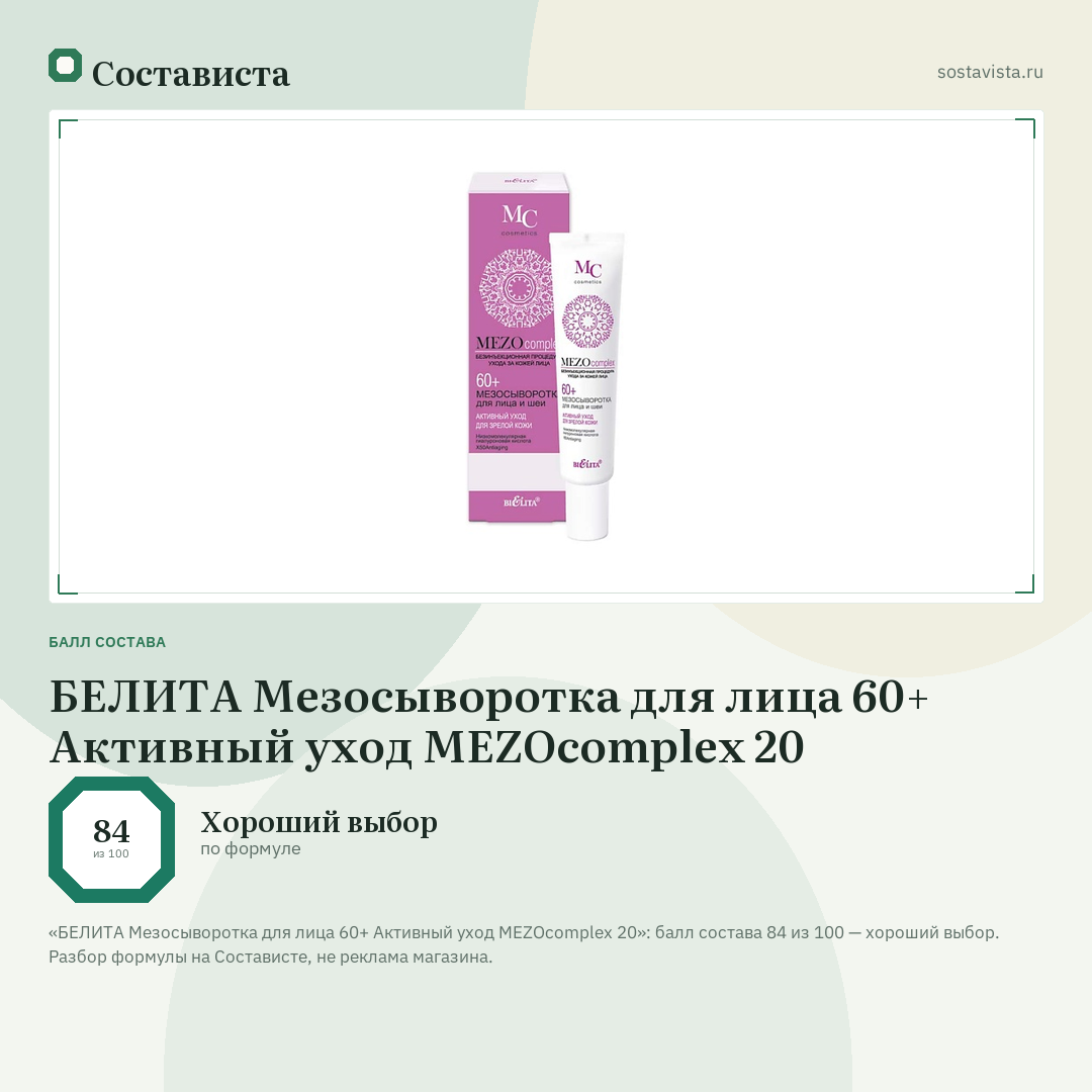 БЕЛИТА Мезосыворотка для лица 60+ Активный уход MEZOcomplex 20: балл состава 84 из 100 — Состависта