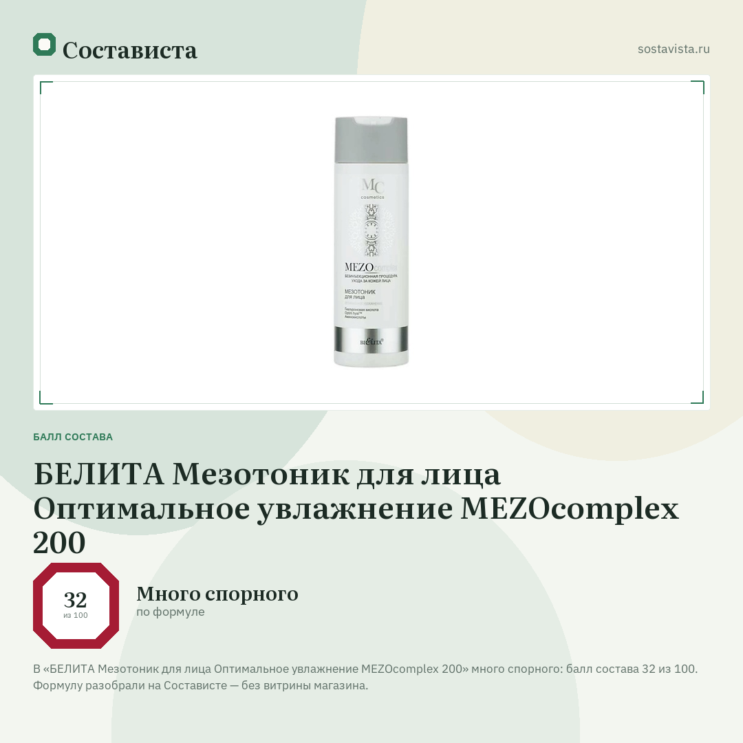 БЕЛИТА Мезотоник для лица Оптимальное увлажнение MEZOcomplex 200: балл состава 32 из 100 — Состависта