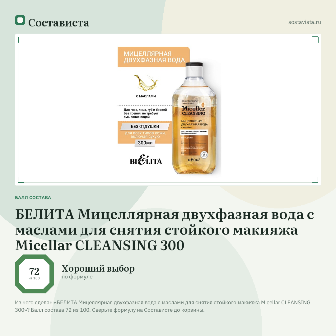 БЕЛИТА Мицеллярная двухфазная вода с маслами для снятия стойкого макияжа Micellar CLEANSING 300: балл состава 72 из 100 — Состависта