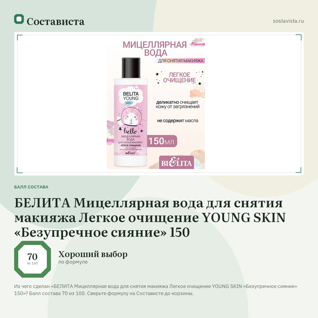 БЕЛИТА Мицеллярная вода для снятия макияжа Легкое очищение YOUNG SKIN «Безупречное сияние» 150: балл состава 70 из 100 — Состависта