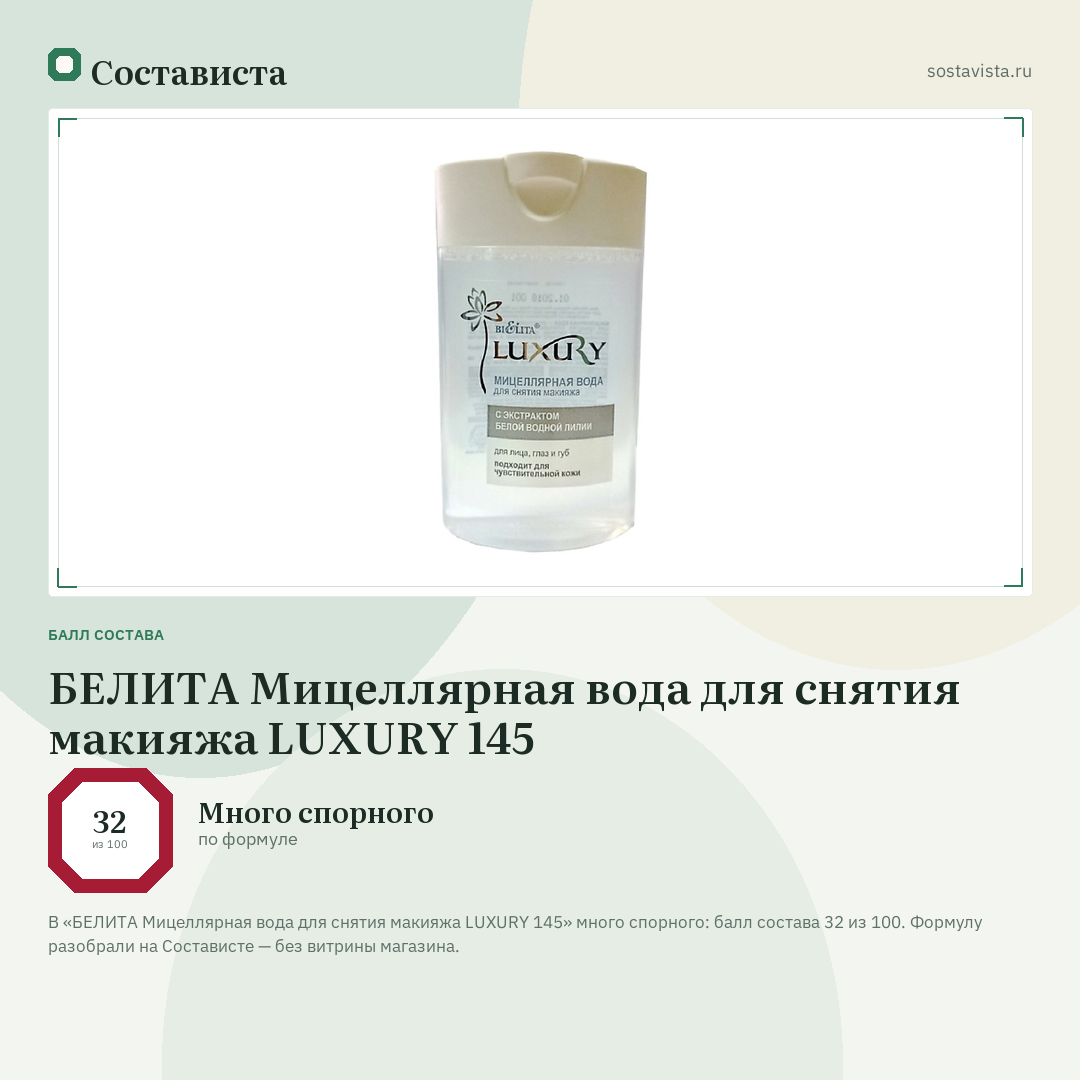 БЕЛИТА Мицеллярная вода для снятия макияжа LUXURY 145: балл состава 32 из 100 — Состависта