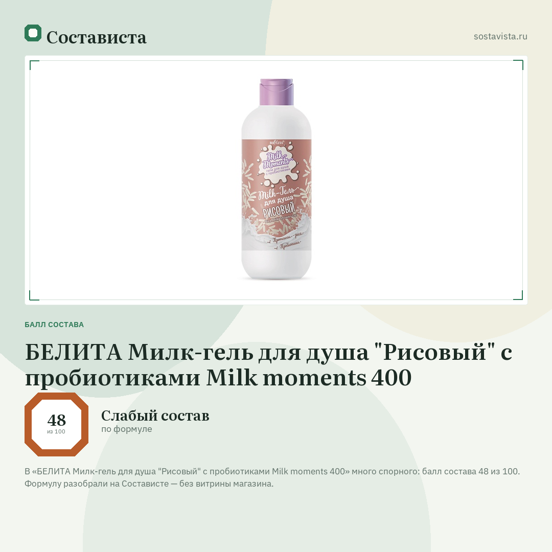 БЕЛИТА Милк-гель для душа "Рисовый" с пробиотиками Milk moments 400: балл состава 48 из 100 — Состависта