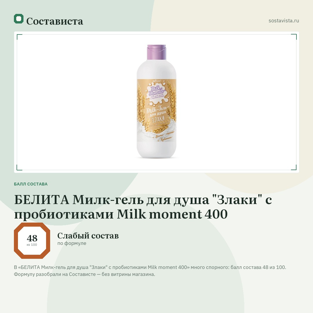 БЕЛИТА Милк-гель для душа "Злаки" с пробиотиками Milk moment 400: балл состава 48 из 100 — Состависта