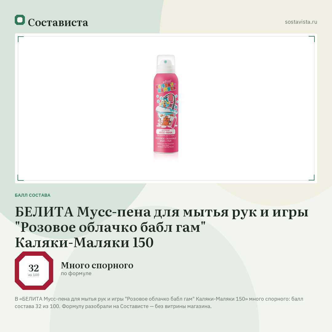БЕЛИТА Мусс-пена для мытья рук и игры "Розовое облачко бабл гам" Каляки-Маляки 150: балл состава 32 из 100 — Состависта