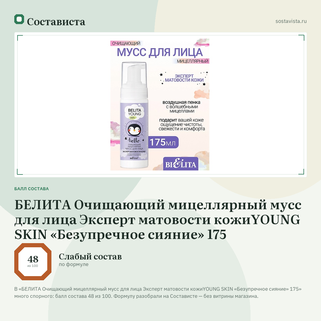 БЕЛИТА Очищающий мицеллярный мусс для лица Эксперт матовости кожиYOUNG SKIN «Безупречное сияние» 175: балл состава 48 из 100 — Состависта