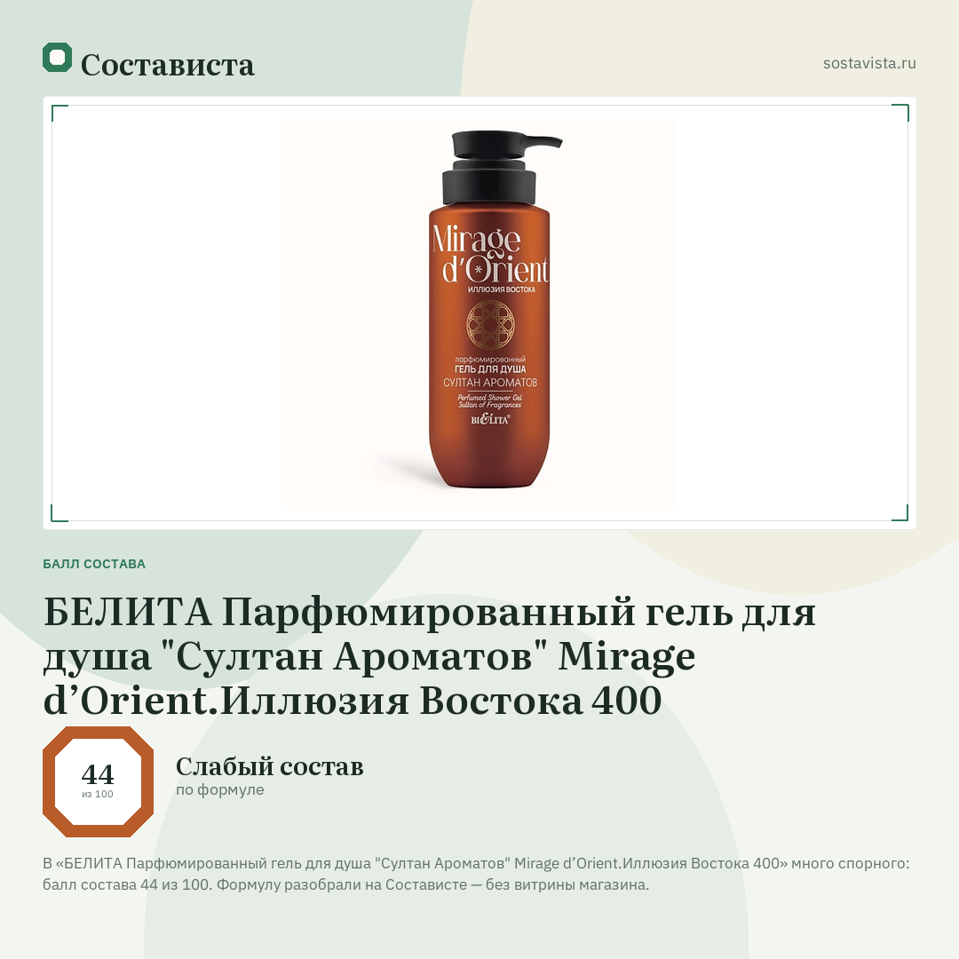 БЕЛИТА Парфюмированный гель для душа "Султан Ароматов" Mirage d’Orient.Иллюзия Востока 400: балл состава 44 из 100 — Состависта